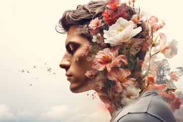 Male profile portrait with colorful flowers and leaves inside his head. Mental health concept, depression, support and self care