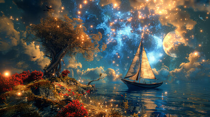 Wall Mural - A beautiful painting of a boat sailing on a lake with a tree in the background. The sky is filled with stars and the moon is visible in the distance. The mood of the painting is serene and peaceful