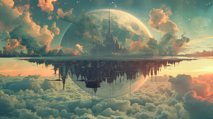 Wall Mural - A city is floating in the sky above a large moon. The sky is filled with clouds and the moon is surrounded by a glowing aura. The image has a dreamy, otherworldly feel to it