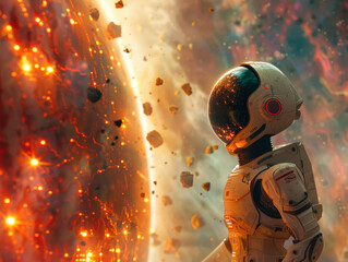 Poster - A robot is standing in front of a large crater. The robot is wearing a white suit and has a red button on its chest. The scene is set in space and the robot appears to be exploring the area