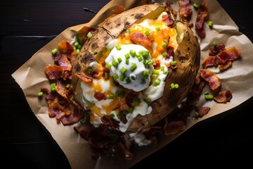 Overhead shot of a loaded baked potato topped with bacon