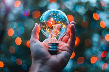 Sticker - A hand holding a light bulb in a glass. The light bulb is lit up and surrounded by a blurry background. Concept of creativity and innovation, as the light bulb represents a source of inspiration