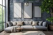 Cozy living room interior couch and decoration, window and mockup frame