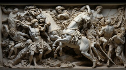 Canvas Print - Marble relief of heroic battle warriors in fierce combat with detailed armor