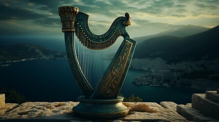 Wall Mural - Elysian Fields vibrantly backdrop an ancient Greek lyre enchanting mythical listeners