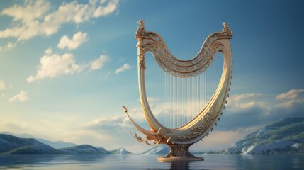 Wall Mural - Lyre among floating islands melodies conjure mythical creatures in the clouds