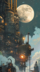 Poster - A large building with a moon in the sky. The building is surrounded by other buildings and has a lot of lights