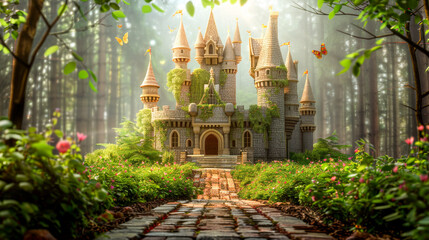 Wall Mural - A castle in a forest with a path leading to it. The castle is surrounded by trees and flowers, giving it a magical and whimsical feel