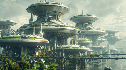 Wall Mural - A futuristic city with tall buildings and a bridge. The buildings are made of glass and have green plants growing on them. The sky is cloudy, giving the scene a somewhat gloomy atmosphere