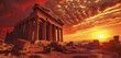 An ancient Greek temple, now ruins, set against the backdrop of a desert with a fiery red sky at sunset