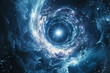A blue and white space with a large hole in the middle. The hole is surrounded by stars and clouds