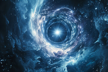 Wall Mural - a blue and white space with a large hole in the middle. the hole is surrounded by stars and clouds