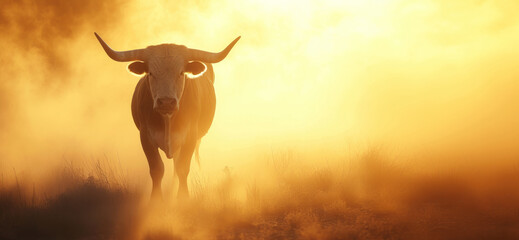 Wall Mural - A large bull raises dust with its furious running against the backdrop of sunset rays, a symbol of the state of Texas, bullfighting