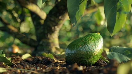 Canvas Print - Fresh avocado resting on the ground at the base of its tree, in natural light.