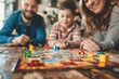 Close-Up view of colorful dices on board game map with family members in background. Concept of spending time at home with family