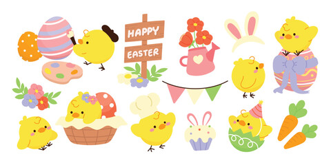 Wall Mural - Set of cute easter chicks vector. Happy Easter animal element with yellow chicks in paint easter egg, rabbit, basket, flower. Chicken character illustration design for clipart, sticker, decor, card.