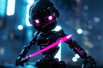 A robot is holding a pink light saber in its hand