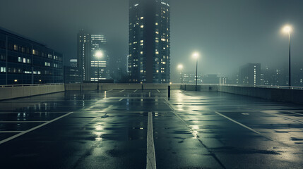 background image of an empty parking lot, night, against the backdrop of a high-rise building, grayish tones.
