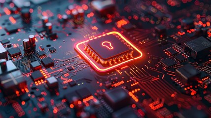 Poster - cybersecurity service concept of computer motherboard and safety lock with login and connecting veri