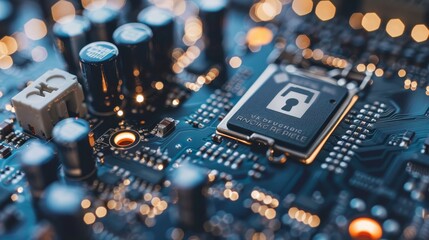 Poster - cybersecurity service concept of computer motherboard and safety lock with login and connecting veri