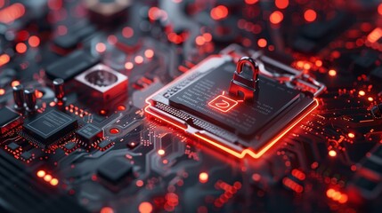 Poster - cybersecurity service concept of computer motherboard and safety lock with login and connecting veri