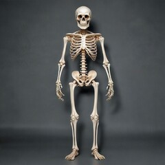 a human skeleton stands upright against a solid black background. the skeletons bones are fully inta