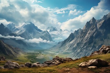 Wall Mural - Rugged mountain terrain and vast skies forming a classic natural view