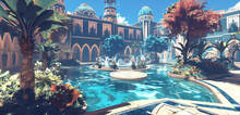 The Grand Courtyard Of A Navy Blue Elven Palace With Intricate Fountains And Lush Gardens, An Oasis Amidst The Desert Under A Clear Turquoise Sky