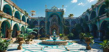 The Grand Courtyard Of A Navy Blue Elven Palace With Intricate Fountains And Lush Gardens, An Oasis Amidst The Desert Under A Clear Turquoise Sky