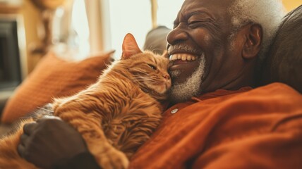 Wall Mural - happy people at home with favorite pet , love and friendship of human and animal pragma