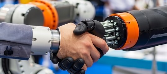 Poster - Technology and humanity connect  men and robot shake hands in close up on blurred background