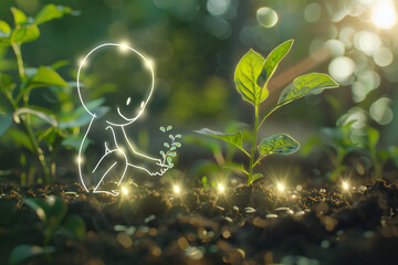 white figure with a smile on his face points with plants, tree, forest, national arbor day, lights