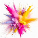 Fototapeta Tęcza - Explosion splash of colorful powder with freeze isolated on white background, abstract splatter. Generative AI