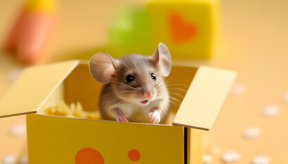 Wall Mural - A small mouse peeking out of a cardboard box with a cute expression on its face