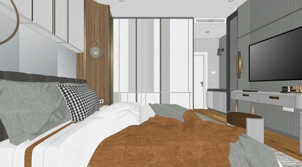 3d rendering of the modern bedroom bedroom has curved wooden walls, a wooden floor, a double bed on a gray carpet, two bedside tables with books and plants, and a large window.