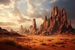 Dramatic rock formations rising from a desert landscape