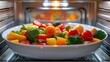 Healthy eating made easy with steamed vegetables in a white microwave. A symphony of flavor and nutrition roasting to perfection