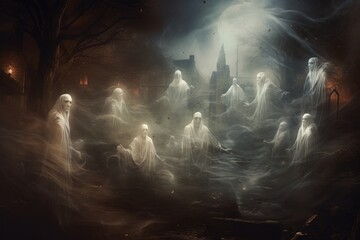 Wall Mural - Ghostly apparitions floating through a graveyard. Halloween horror background