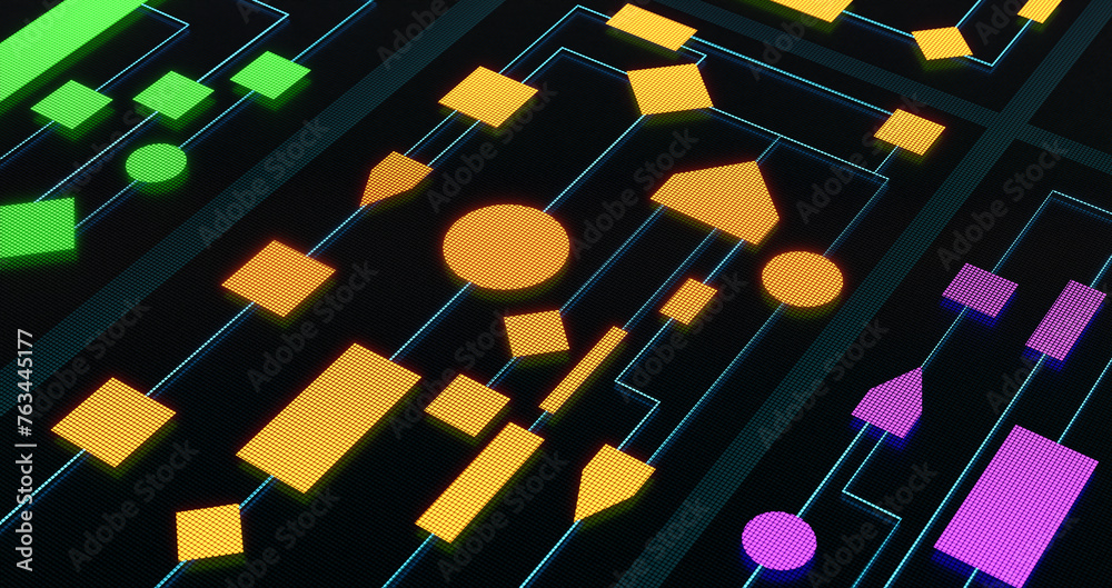 Three different colored flow charts visualizing concepts, industrial ...