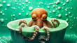 A charming small octopus enjoys a bubble bath