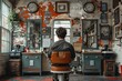 A man awaits his turn in a rustic barbershop, giving a view of vintage decor and a nostalgic ambience
