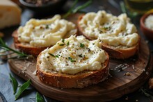 A Close-up Of A Delicious Egg Salad Spread Atop A Slice Of Artisan Bread Garnished With Fresh Herbs