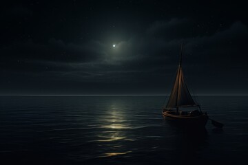 Wall Mural - A lone boat sailing on a calm, dark night sea