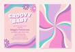 Floral groovy baby shower invitation in pastel colors. Retro 70s party card template for girls. Vector illustration.