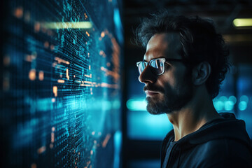 Hard working person in modern interior office programming writing web java script code AI technology generation