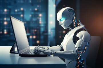Poster - hard working person in modern interior office programming writing web java script code ai technology
