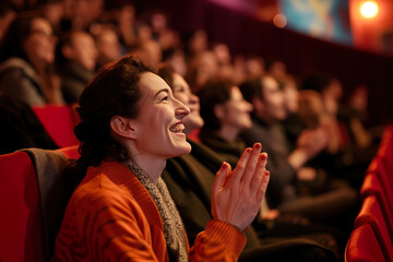 Woman in a audience in a theater applauding clap