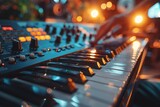 A close-up shot of a synthesizer keyboard with bokeh lights in the background, epitomizing creativity and nightlife