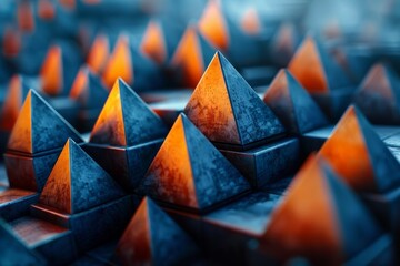 Poster - A pattern of metallic pyramids in a blue and orange palette presents a sense of rhythm and digital technology
