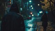 Man with a hood following woman in dark street